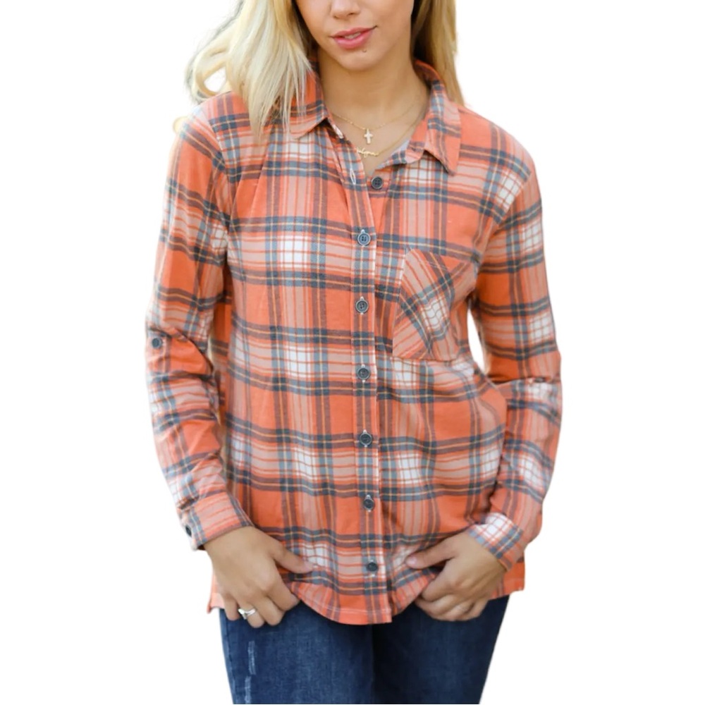 NEW Zenana Rust Plaid Lightweight Button Up Shacket